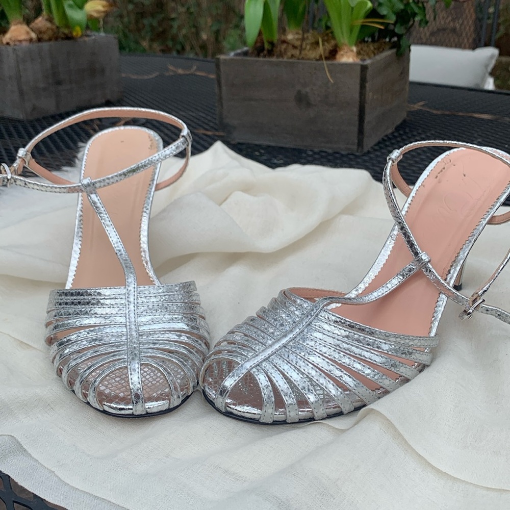 J. Crew Rylie Collection caged-toe 3” heels in snake-embossed leather, 9.5